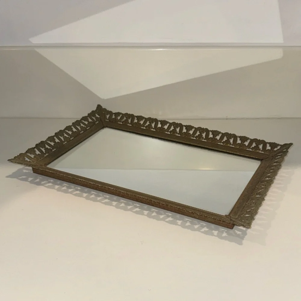 VINTAGE Brass Gold Ornate Decorative Mirrored Vanity Tray